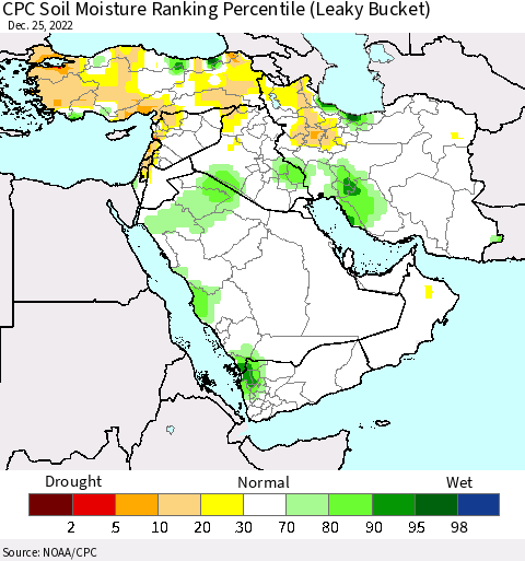Middle East and Turkey CPC Soil Moisture Ranking Percentile (Leaky Bucket) Thematic Map For 12/21/2022 - 12/25/2022