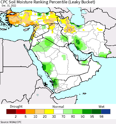 Middle East and Turkey CPC Soil Moisture Ranking Percentile (Leaky Bucket) Thematic Map For 12/26/2022 - 12/31/2022