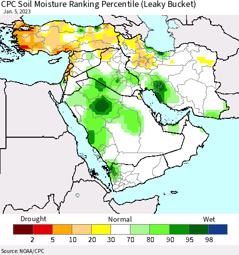 Middle East and Turkey CPC Soil Moisture Ranking Percentile (Leaky Bucket) Thematic Map For 1/1/2023 - 1/5/2023