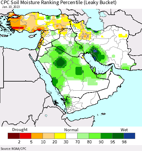 Middle East and Turkey CPC Soil Moisture Ranking Percentile (Leaky Bucket) Thematic Map For 1/6/2023 - 1/10/2023