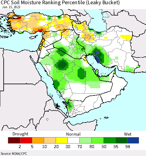 Middle East and Turkey CPC Soil Moisture Ranking Percentile (Leaky Bucket) Thematic Map For 1/11/2023 - 1/15/2023