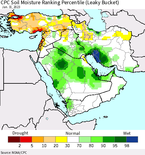 Middle East and Turkey CPC Soil Moisture Ranking Percentile (Leaky Bucket) Thematic Map For 1/26/2023 - 1/31/2023