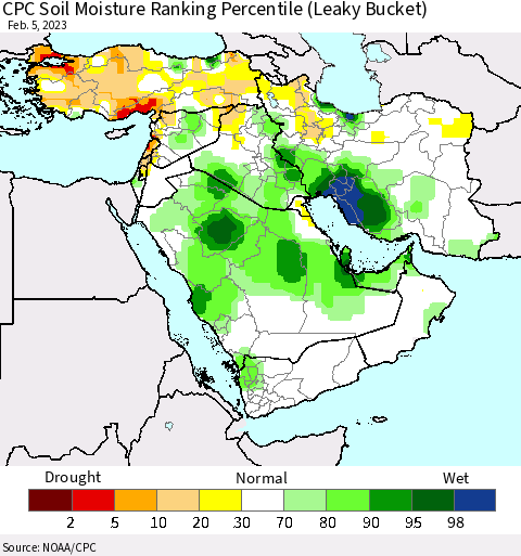 Middle East and Turkey CPC Soil Moisture Ranking Percentile (Leaky Bucket) Thematic Map For 2/1/2023 - 2/5/2023