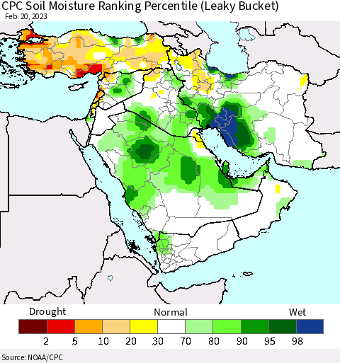 Middle East and Turkey CPC Soil Moisture Ranking Percentile (Leaky Bucket) Thematic Map For 2/16/2023 - 2/20/2023