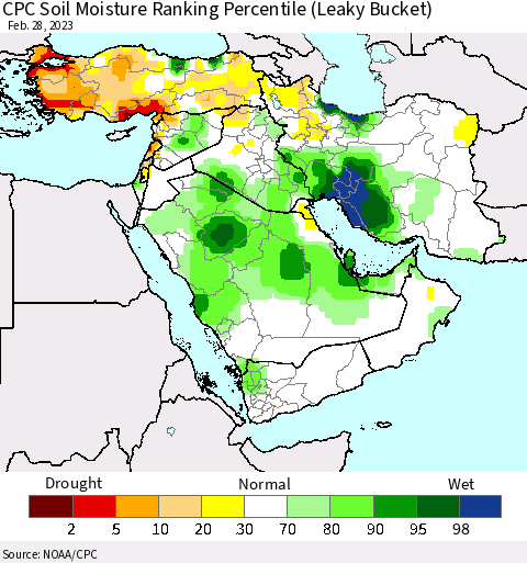 Middle East and Turkey CPC Soil Moisture Ranking Percentile (Leaky Bucket) Thematic Map For 2/26/2023 - 2/28/2023