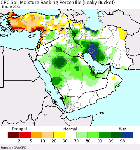 Middle East and Turkey CPC Soil Moisture Ranking Percentile (Leaky Bucket) Thematic Map For 3/6/2023 - 3/10/2023