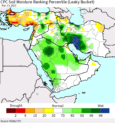 Middle East and Turkey CPC Soil Moisture Ranking Percentile (Leaky Bucket) Thematic Map For 3/11/2023 - 3/15/2023