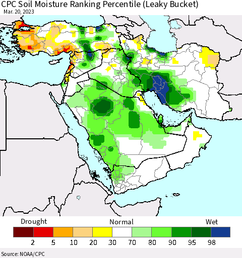 Middle East and Turkey CPC Soil Moisture Ranking Percentile (Leaky Bucket) Thematic Map For 3/16/2023 - 3/20/2023