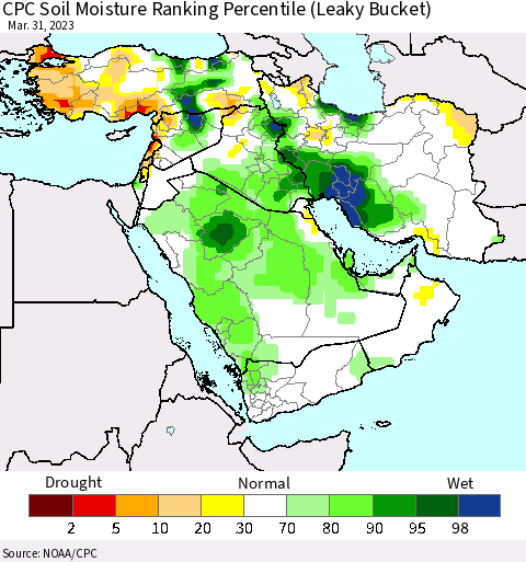 Middle East and Turkey CPC Soil Moisture Ranking Percentile (Leaky Bucket) Thematic Map For 3/26/2023 - 3/31/2023