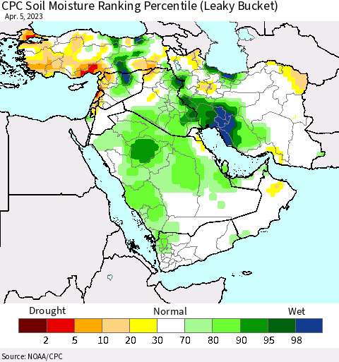 Middle East and Turkey CPC Soil Moisture Ranking Percentile (Leaky Bucket) Thematic Map For 4/1/2023 - 4/5/2023