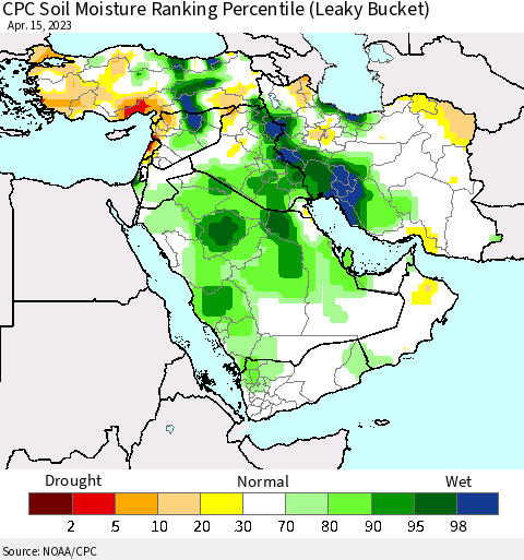 Middle East and Turkey CPC Soil Moisture Ranking Percentile (Leaky Bucket) Thematic Map For 4/11/2023 - 4/15/2023