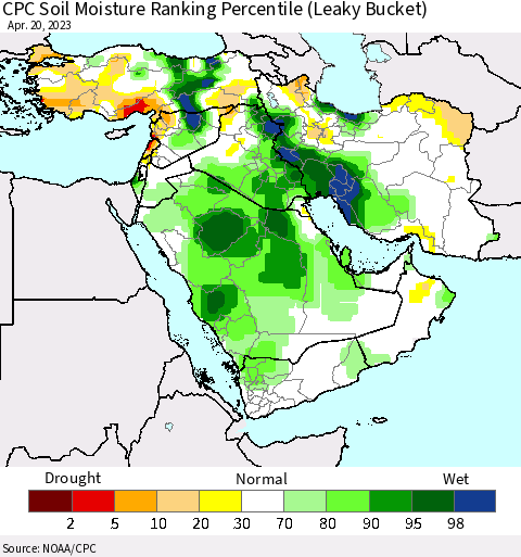 Middle East and Turkey CPC Soil Moisture Ranking Percentile (Leaky Bucket) Thematic Map For 4/16/2023 - 4/20/2023