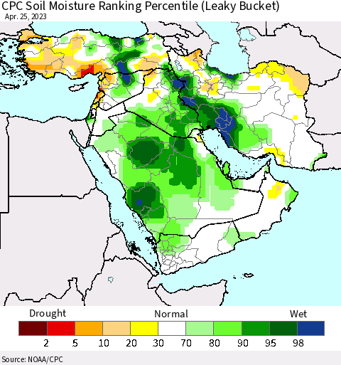 Middle East and Turkey CPC Soil Moisture Ranking Percentile (Leaky Bucket) Thematic Map For 4/21/2023 - 4/25/2023