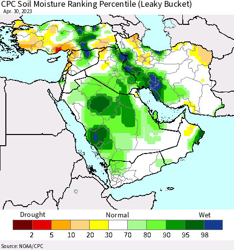 Middle East and Turkey CPC Soil Moisture Ranking Percentile (Leaky Bucket) Thematic Map For 4/26/2023 - 4/30/2023