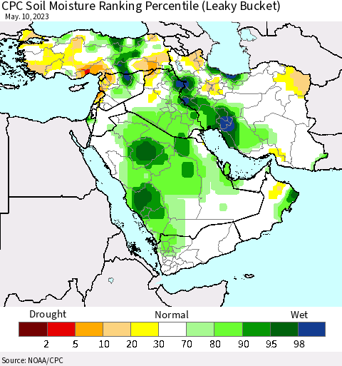 Middle East and Turkey CPC Soil Moisture Ranking Percentile (Leaky Bucket) Thematic Map For 5/6/2023 - 5/10/2023