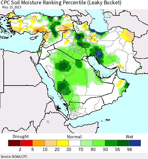 Middle East and Turkey CPC Soil Moisture Ranking Percentile (Leaky Bucket) Thematic Map For 5/11/2023 - 5/15/2023