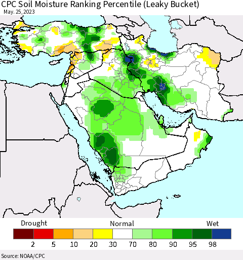 Middle East and Turkey CPC Soil Moisture Ranking Percentile (Leaky Bucket) Thematic Map For 5/21/2023 - 5/25/2023