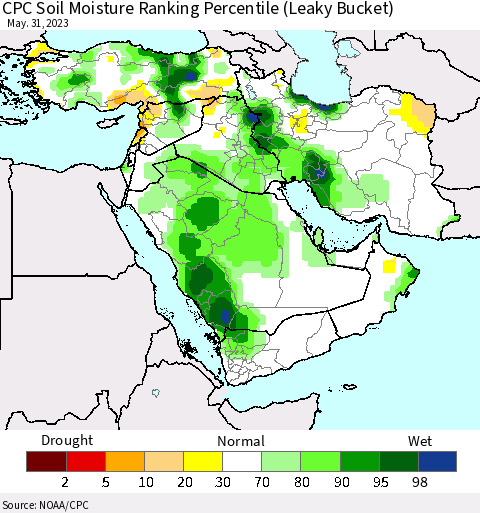 Middle East and Turkey CPC Soil Moisture Ranking Percentile (Leaky Bucket) Thematic Map For 5/26/2023 - 5/31/2023