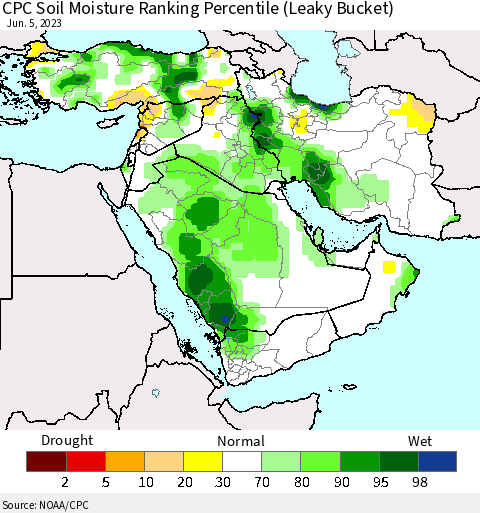 Middle East and Turkey CPC Soil Moisture Ranking Percentile (Leaky Bucket) Thematic Map For 6/1/2023 - 6/5/2023