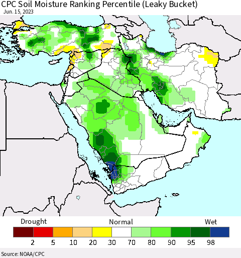 Middle East and Turkey CPC Soil Moisture Ranking Percentile (Leaky Bucket) Thematic Map For 6/11/2023 - 6/15/2023