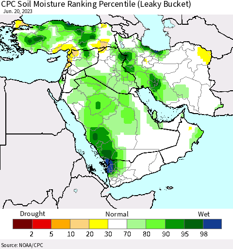 Middle East and Turkey CPC Soil Moisture Ranking Percentile (Leaky Bucket) Thematic Map For 6/16/2023 - 6/20/2023