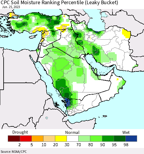 Middle East and Turkey CPC Soil Moisture Ranking Percentile (Leaky Bucket) Thematic Map For 6/21/2023 - 6/25/2023