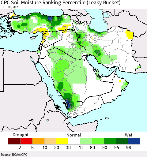 Middle East and Turkey CPC Soil Moisture Ranking Percentile (Leaky Bucket) Thematic Map For 7/6/2023 - 7/10/2023