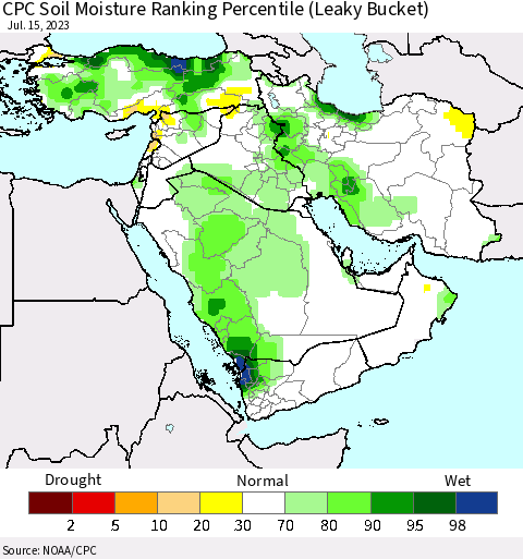 Middle East and Turkey CPC Soil Moisture Ranking Percentile (Leaky Bucket) Thematic Map For 7/11/2023 - 7/15/2023