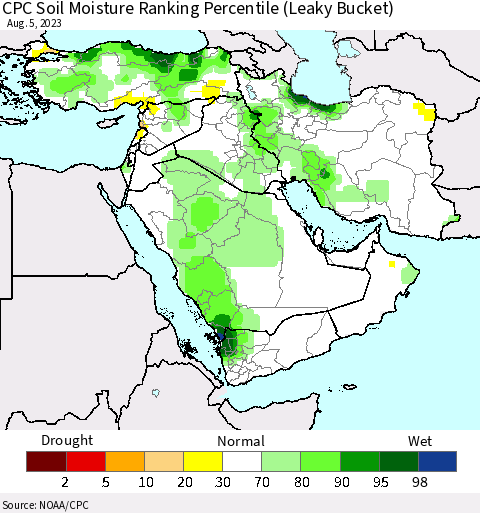Middle East and Turkey CPC Soil Moisture Ranking Percentile (Leaky Bucket) Thematic Map For 8/1/2023 - 8/5/2023