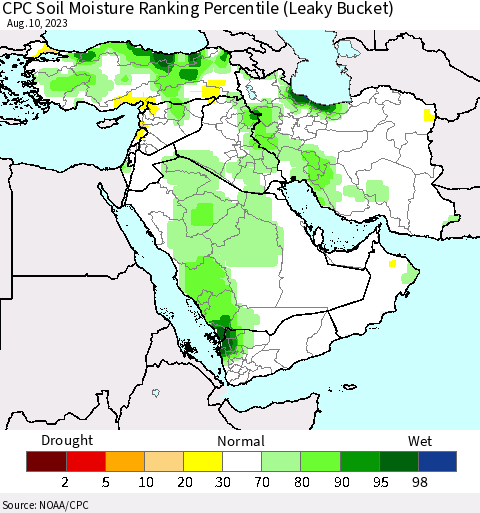 Middle East and Turkey CPC Soil Moisture Ranking Percentile (Leaky Bucket) Thematic Map For 8/6/2023 - 8/10/2023