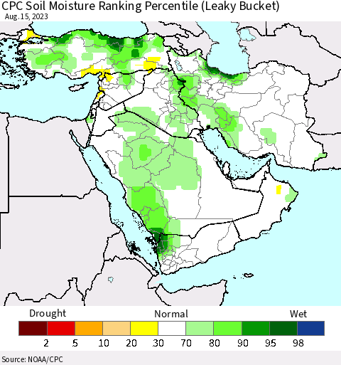 Middle East and Turkey CPC Soil Moisture Ranking Percentile (Leaky Bucket) Thematic Map For 8/11/2023 - 8/15/2023
