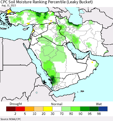 Middle East and Turkey CPC Soil Moisture Ranking Percentile (Leaky Bucket) Thematic Map For 8/26/2023 - 8/31/2023