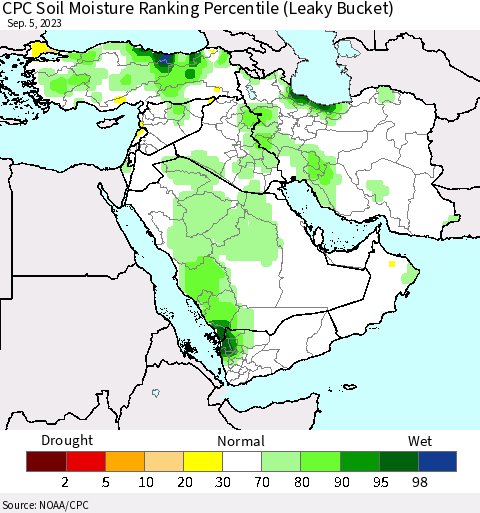 Middle East and Turkey CPC Soil Moisture Ranking Percentile (Leaky Bucket) Thematic Map For 9/1/2023 - 9/5/2023