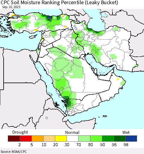 Middle East and Turkey CPC Soil Moisture Ranking Percentile (Leaky Bucket) Thematic Map For 9/6/2023 - 9/10/2023