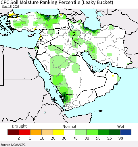 Middle East and Turkey CPC Soil Moisture Ranking Percentile (Leaky Bucket) Thematic Map For 9/11/2023 - 9/15/2023