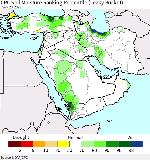 Middle East and Turkey CPC Soil Moisture Ranking Percentile (Leaky Bucket) Thematic Map For 9/16/2023 - 9/20/2023