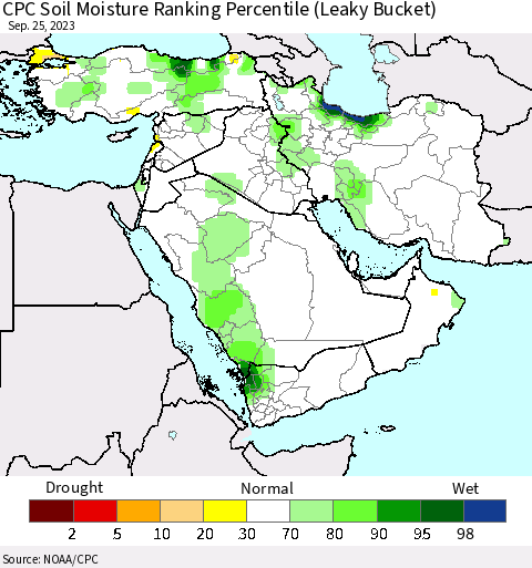Middle East and Turkey CPC Soil Moisture Ranking Percentile (Leaky Bucket) Thematic Map For 9/21/2023 - 9/25/2023