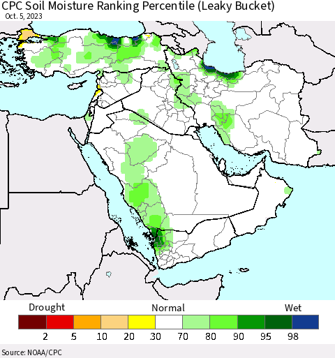 Middle East and Turkey CPC Soil Moisture Ranking Percentile (Leaky Bucket) Thematic Map For 10/1/2023 - 10/5/2023