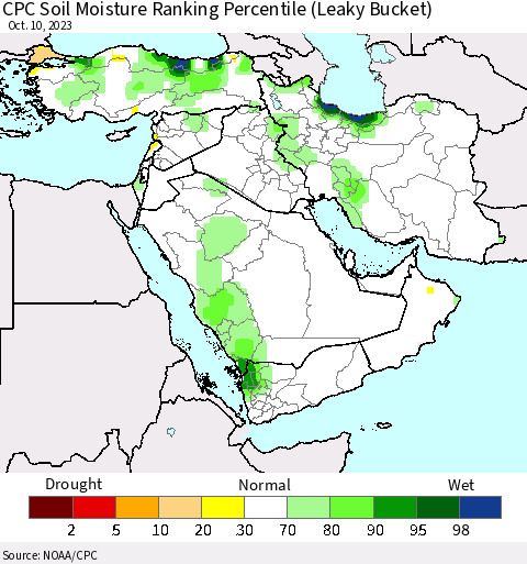 Middle East and Turkey CPC Soil Moisture Ranking Percentile (Leaky Bucket) Thematic Map For 10/6/2023 - 10/10/2023