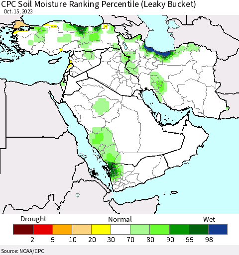 Middle East and Turkey CPC Soil Moisture Ranking Percentile (Leaky Bucket) Thematic Map For 10/11/2023 - 10/15/2023