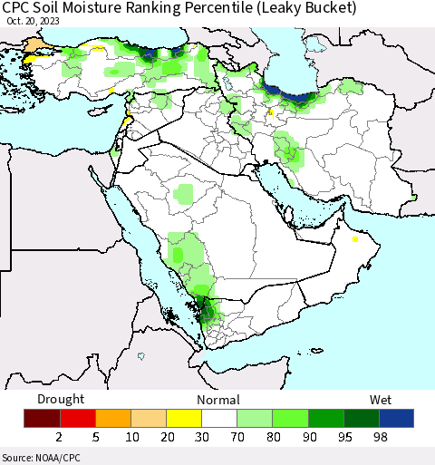 Middle East and Turkey CPC Soil Moisture Ranking Percentile (Leaky Bucket) Thematic Map For 10/16/2023 - 10/20/2023