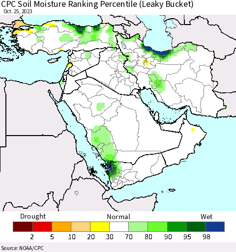 Middle East and Turkey CPC Soil Moisture Ranking Percentile (Leaky Bucket) Thematic Map For 10/21/2023 - 10/25/2023