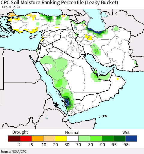 Middle East and Turkey CPC Soil Moisture Ranking Percentile (Leaky Bucket) Thematic Map For 10/26/2023 - 10/31/2023