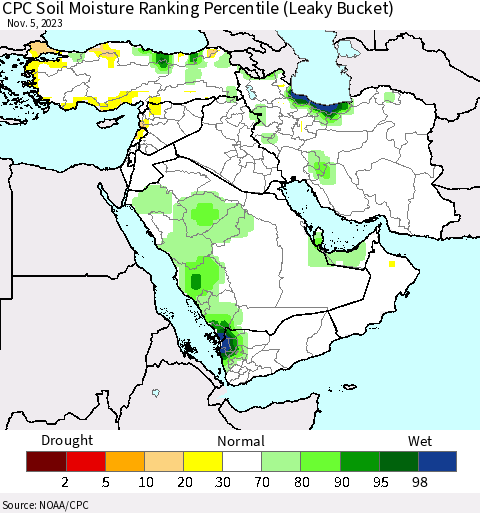 Middle East and Turkey CPC Soil Moisture Ranking Percentile (Leaky Bucket) Thematic Map For 11/1/2023 - 11/5/2023