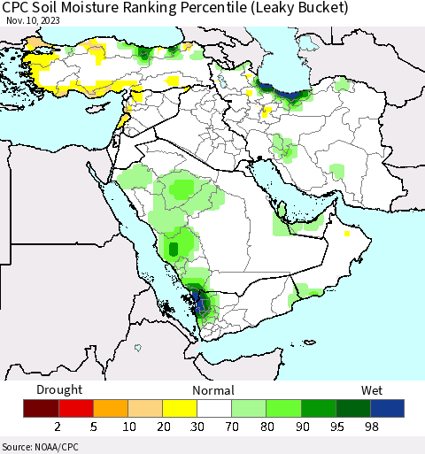 Middle East and Turkey CPC Soil Moisture Ranking Percentile (Leaky Bucket) Thematic Map For 11/6/2023 - 11/10/2023