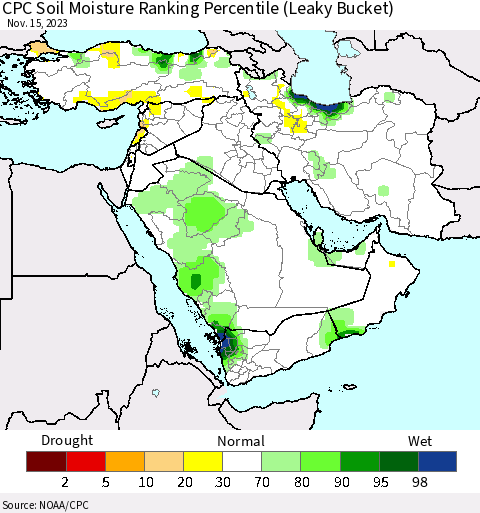 Middle East and Turkey CPC Soil Moisture Ranking Percentile (Leaky Bucket) Thematic Map For 11/11/2023 - 11/15/2023