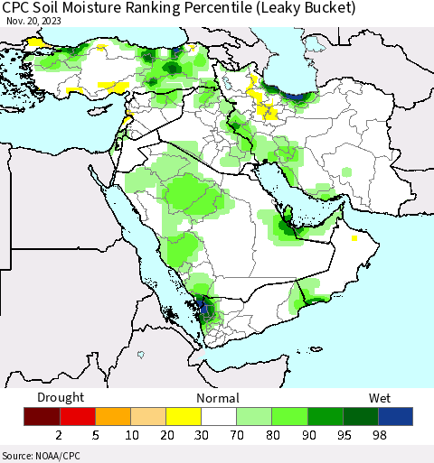 Middle East and Turkey CPC Soil Moisture Ranking Percentile (Leaky Bucket) Thematic Map For 11/16/2023 - 11/20/2023