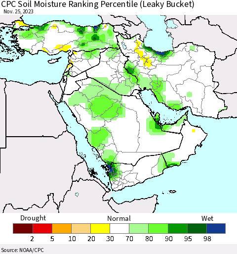 Middle East and Turkey CPC Soil Moisture Ranking Percentile (Leaky Bucket) Thematic Map For 11/21/2023 - 11/25/2023