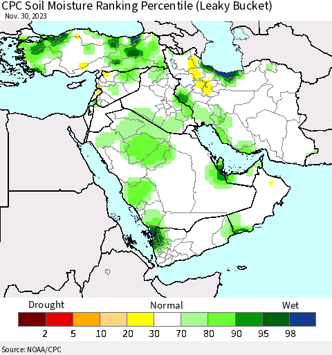 Middle East and Turkey CPC Soil Moisture Ranking Percentile (Leaky Bucket) Thematic Map For 11/26/2023 - 11/30/2023