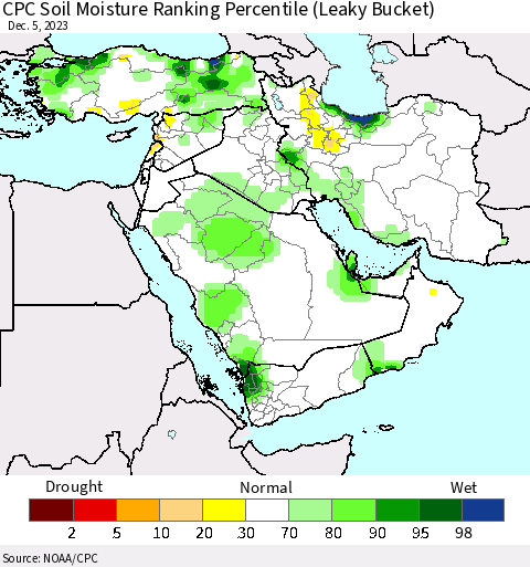 Middle East and Turkey CPC Soil Moisture Ranking Percentile (Leaky Bucket) Thematic Map For 12/1/2023 - 12/5/2023